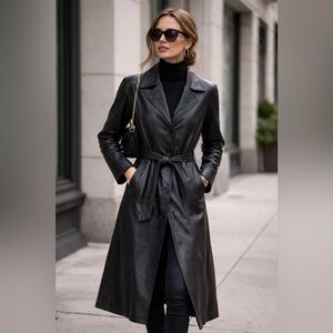 Bonus Italian Fashion Black Leather Trench Coat Belted Women’s Small